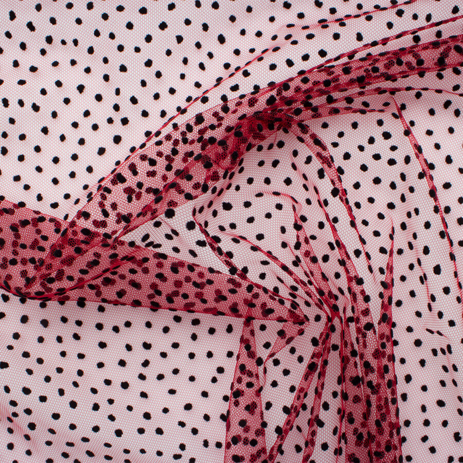 Black Flocked Spot Deep Red Tulle