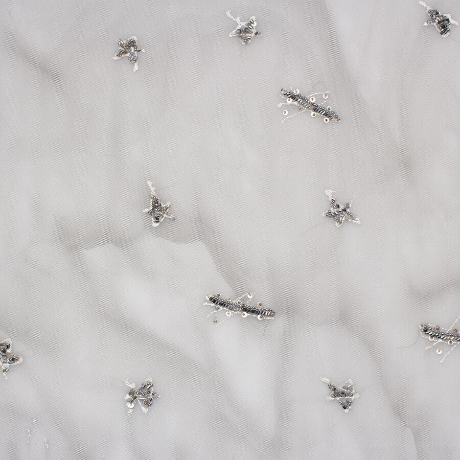 Silver Star Embroidered Grey Tulle
