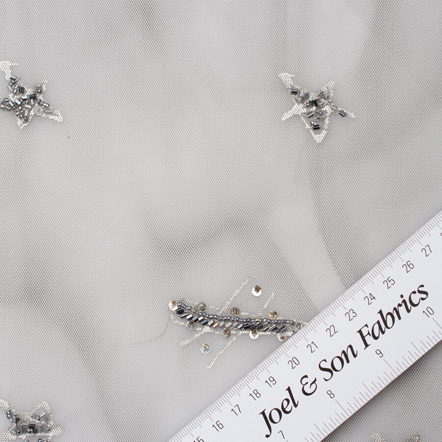 Silver Star Embroidered Grey Tulle