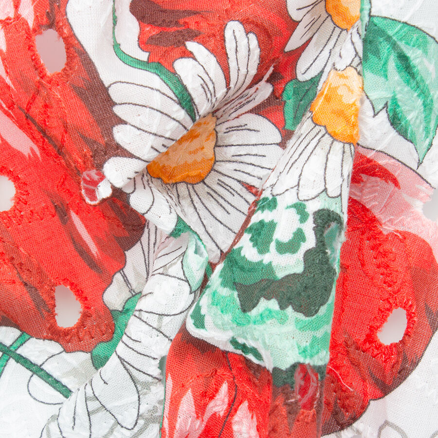 Red Floral Printed White Cotton Embroidery (A 2.70m Piece)
