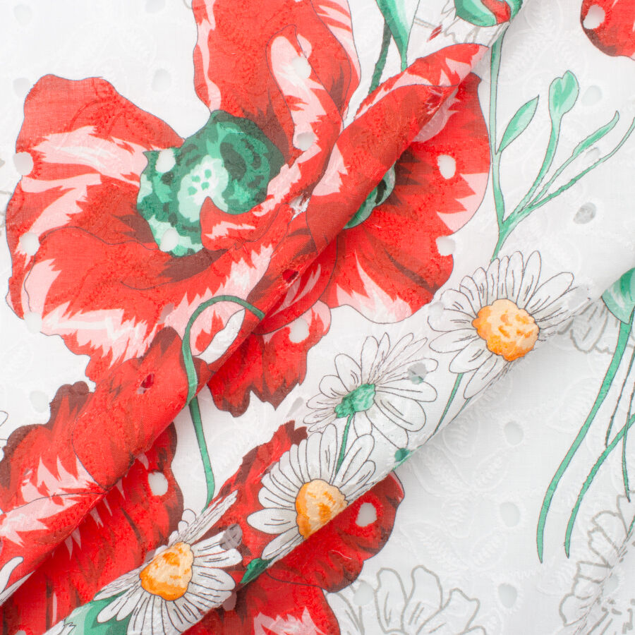 Red Floral Printed White Cotton Embroidery (A 2.70m Piece)