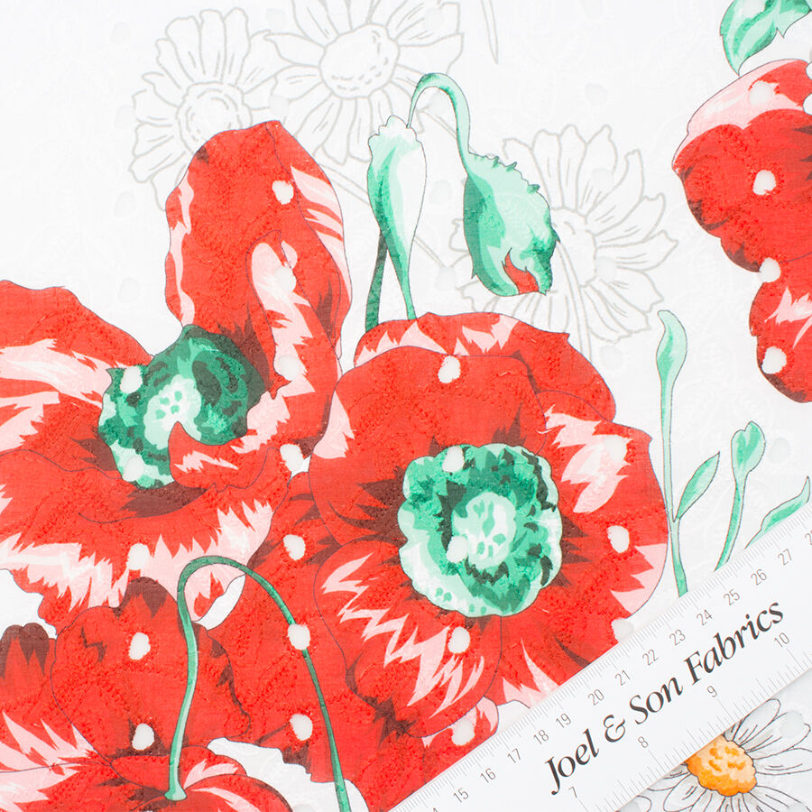 Red Floral Printed White Cotton Embroidery (A 2.70m Piece)