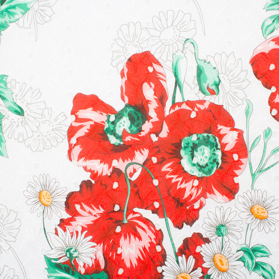 Red Floral Printed White Cotton Embroidery (A 2.70m Piece)