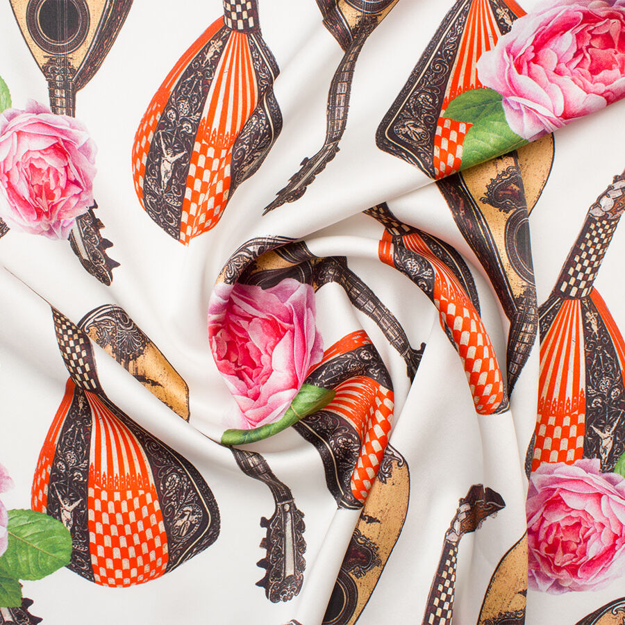 'Mandolin' Printed Ivory Silk Satin Crêpe