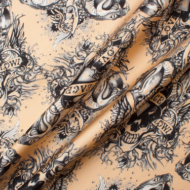 Black 'Tattoo Art' Printed Peach Silk Twill (A 2m Piece)