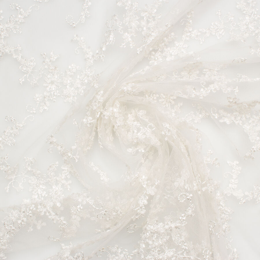 Off White Floral Beaded Embroidered Tulle