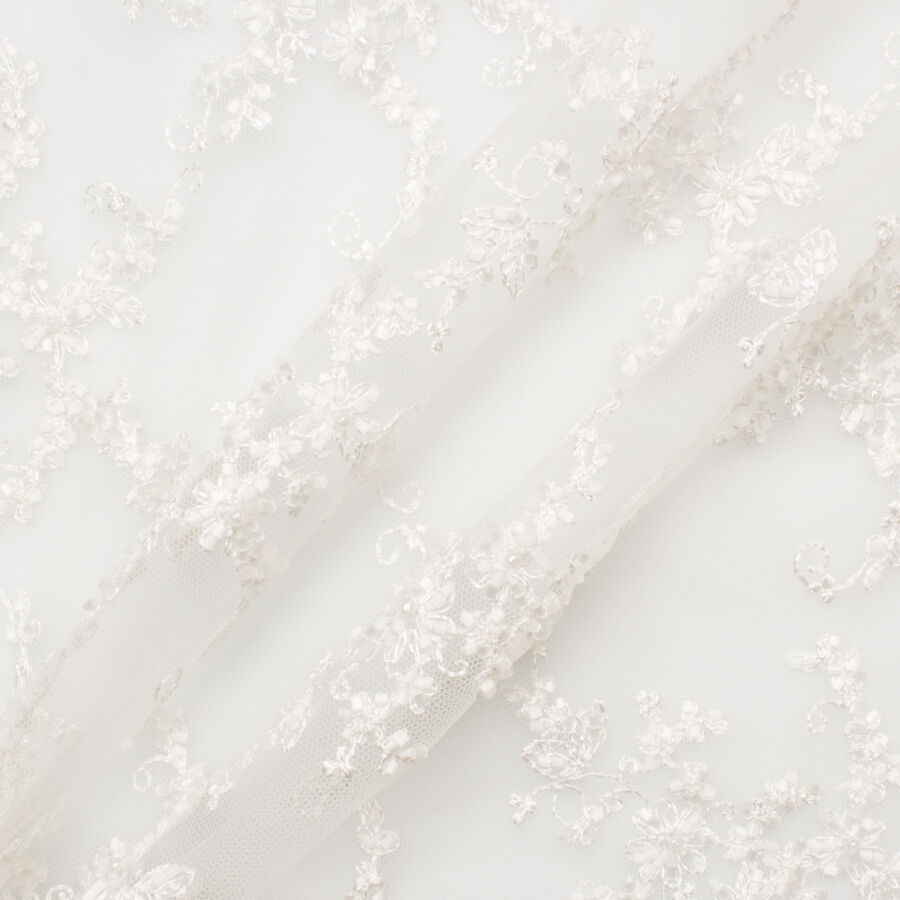 Off White Floral Beaded Embroidered Tulle