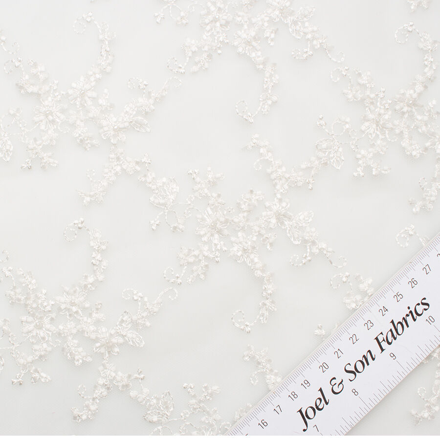 Off White Floral Beaded Embroidered Tulle