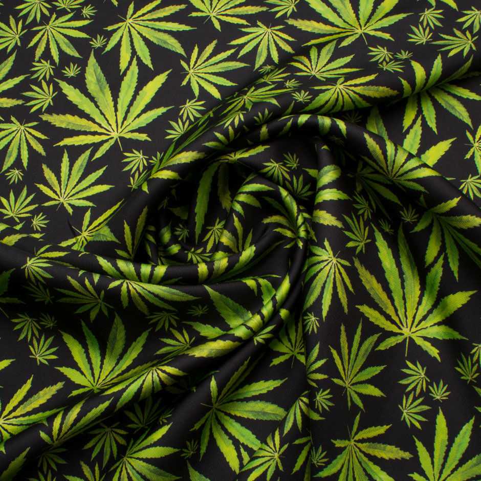 Cannabis Printed Black Silk Twill