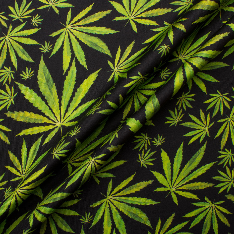Cannabis Printed Black Silk Twill