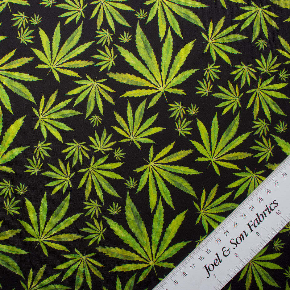 Cannabis Printed Black Silk Twill