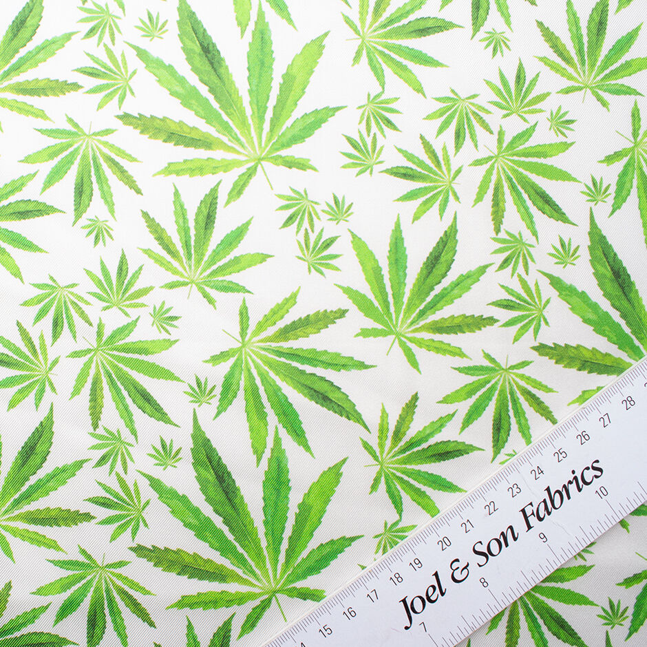 Green Cannabis Printed White Silk Twill