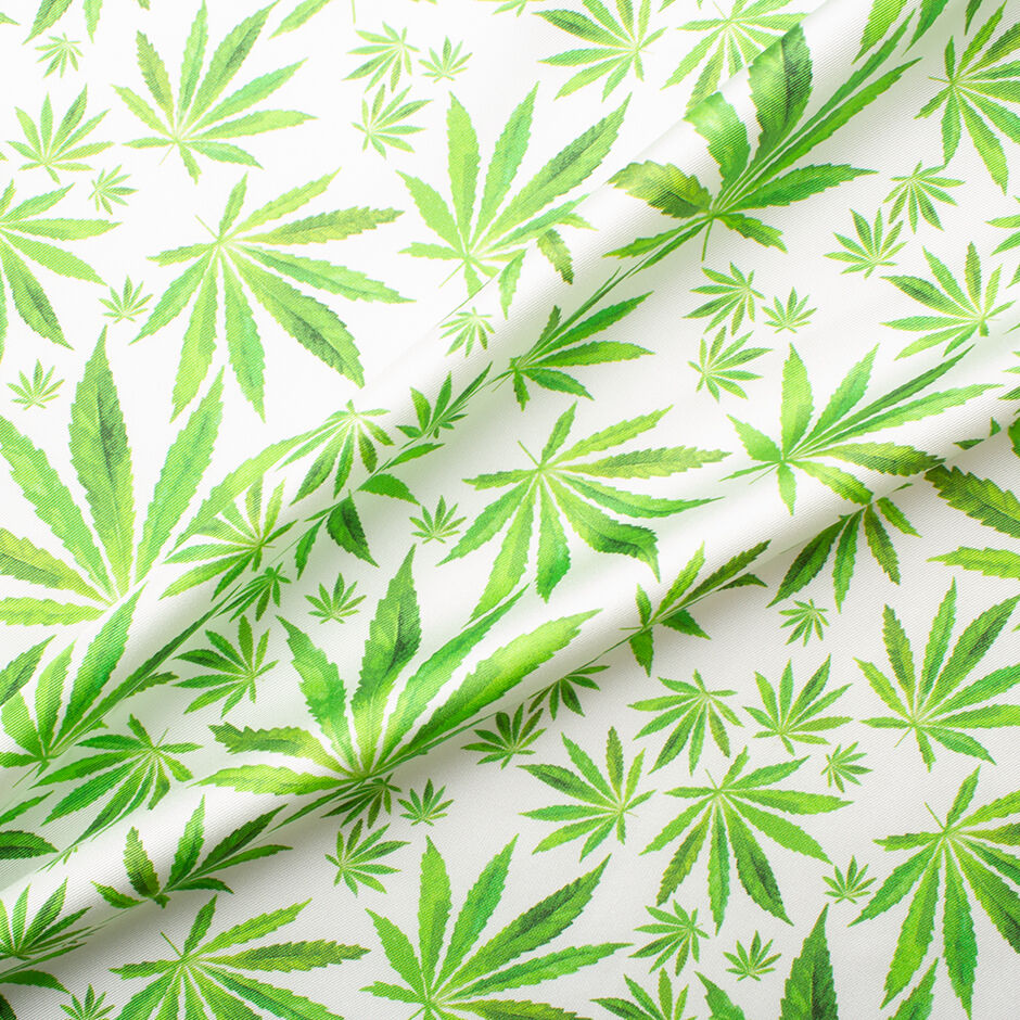 Green Cannabis Printed White Silk Twill
