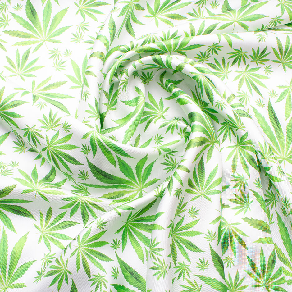 Green Cannabis Printed White Silk Twill