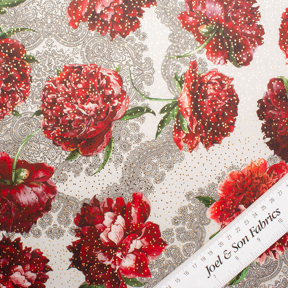 Red Floral Printed Pale Grey Laminted Cotton