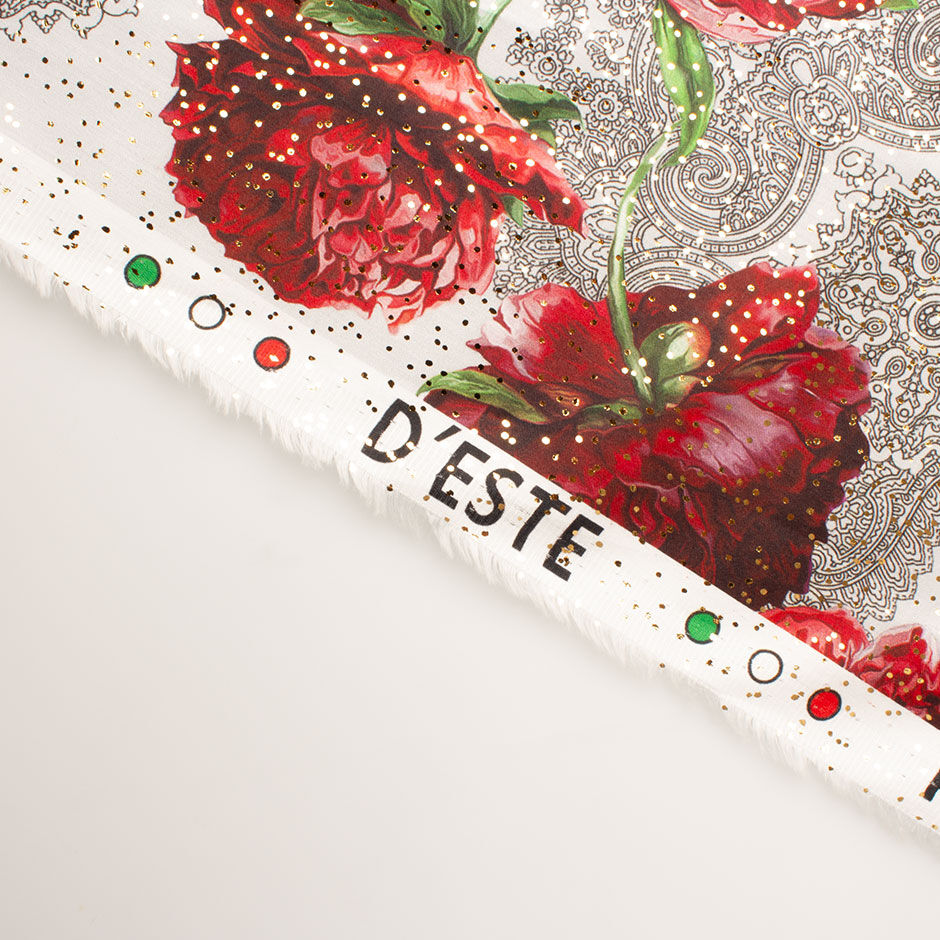 Red Floral Printed Pale Grey Laminted Cotton