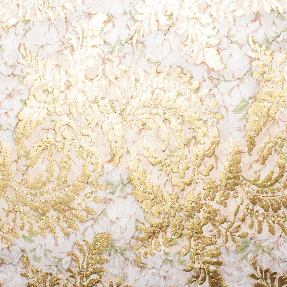 Pastel Pink Floral Printed Silk & Gold Metallic Jacquard