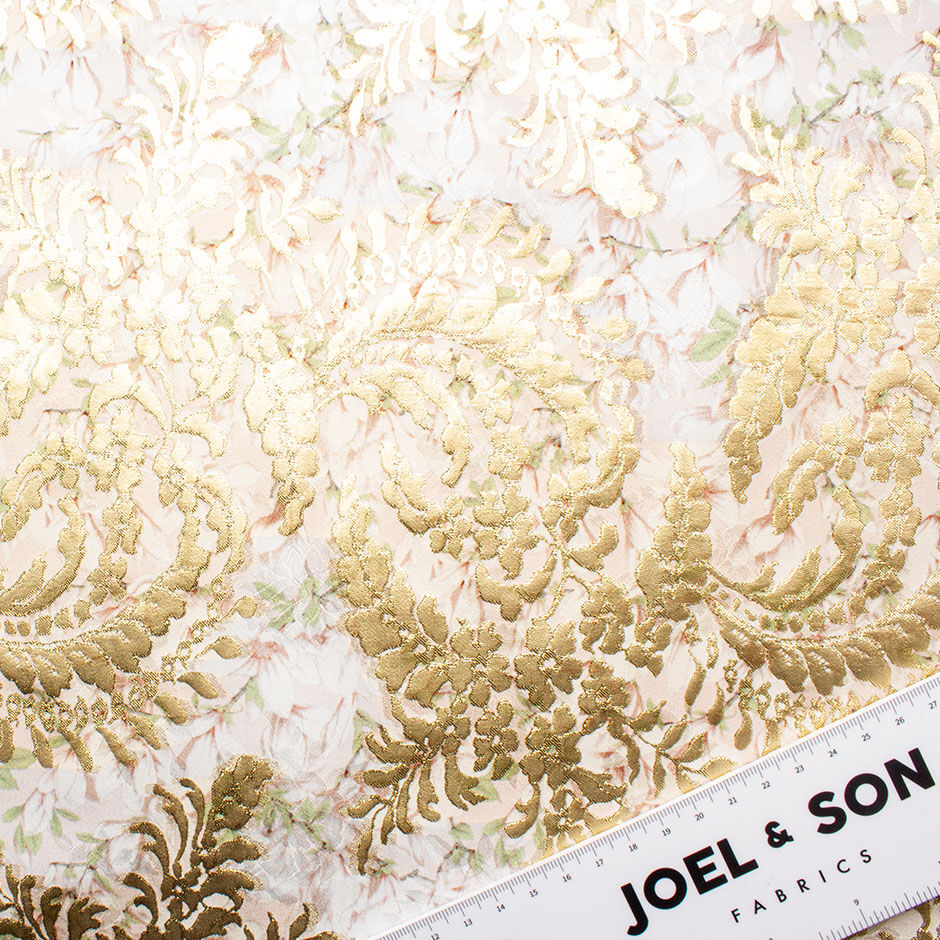 Pastel Pink Floral Printed Silk & Gold Metallic Jacquard
