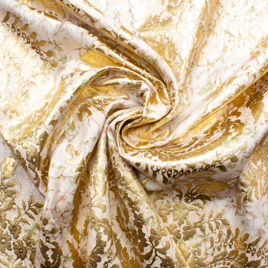 Pastel Pink Floral Printed Silk & Gold Metallic Jacquard