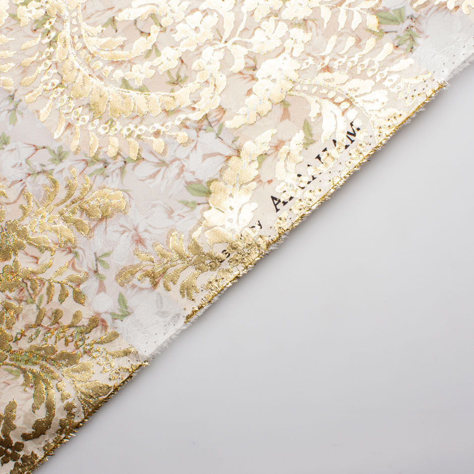 Pastel Pink Floral Printed Silk & Gold Metallic Jacquard