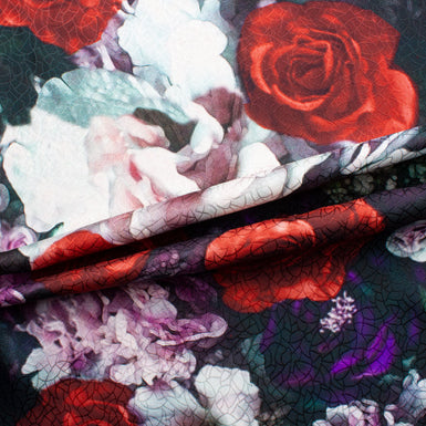 Large Red & Purple Floral Printed Black Silk Jacquard