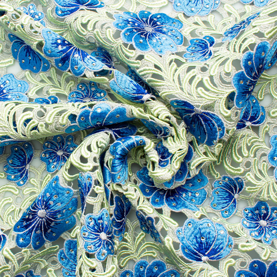 Blue & Mint Green Floral Embroidered Guipure Lace