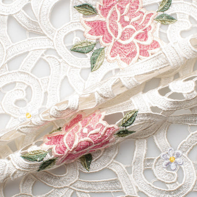 Pink 'Rose' Floral White Guipure Lace