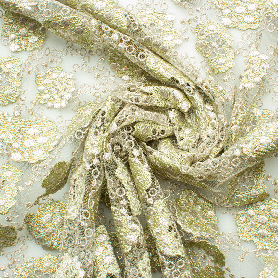 Pale Green & Silver Floral Embroidered Tulle