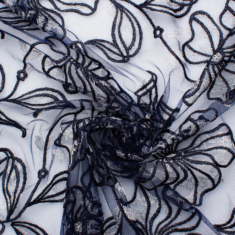 Dark Blue Floral Embroidered Tulle