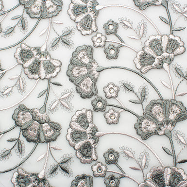 Grey & Pale Pink Floral Embroidered Tulle