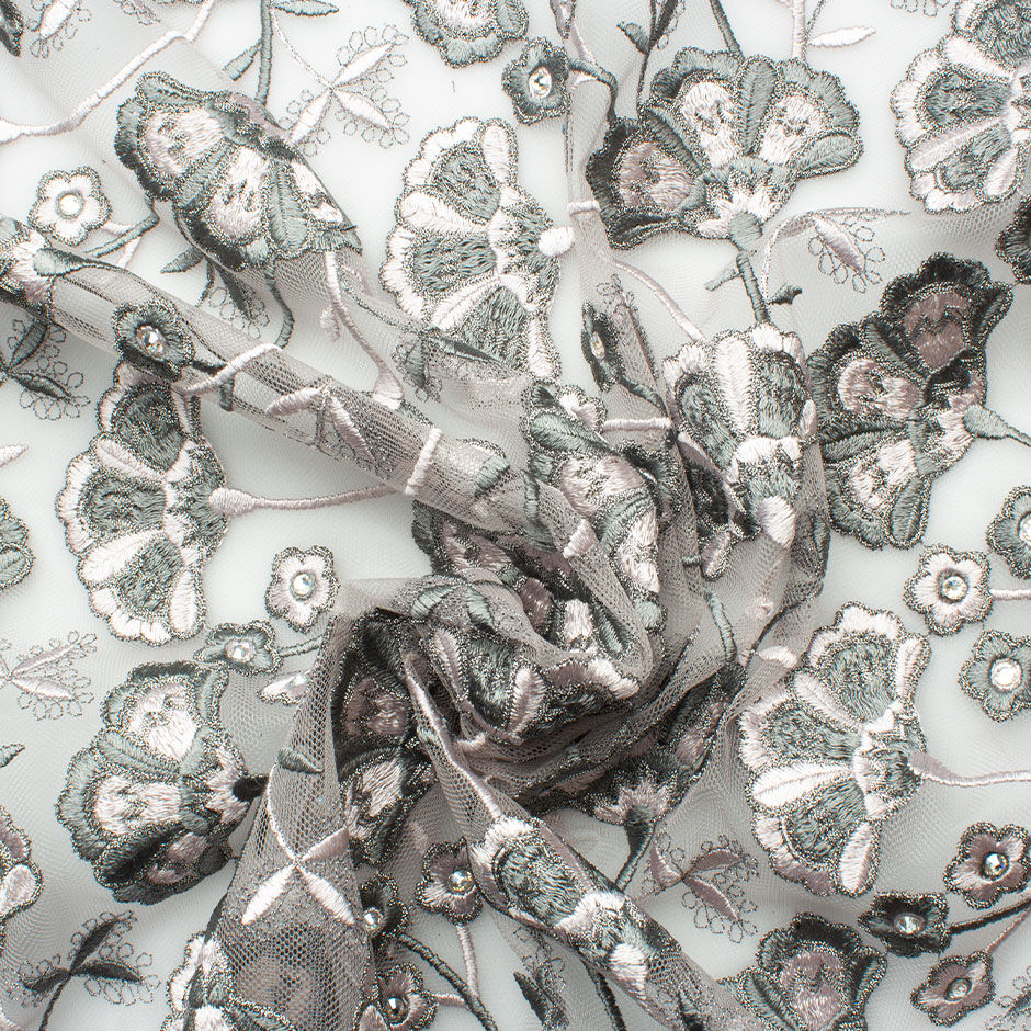 Grey & Pale Pink Floral Embroidered Tulle