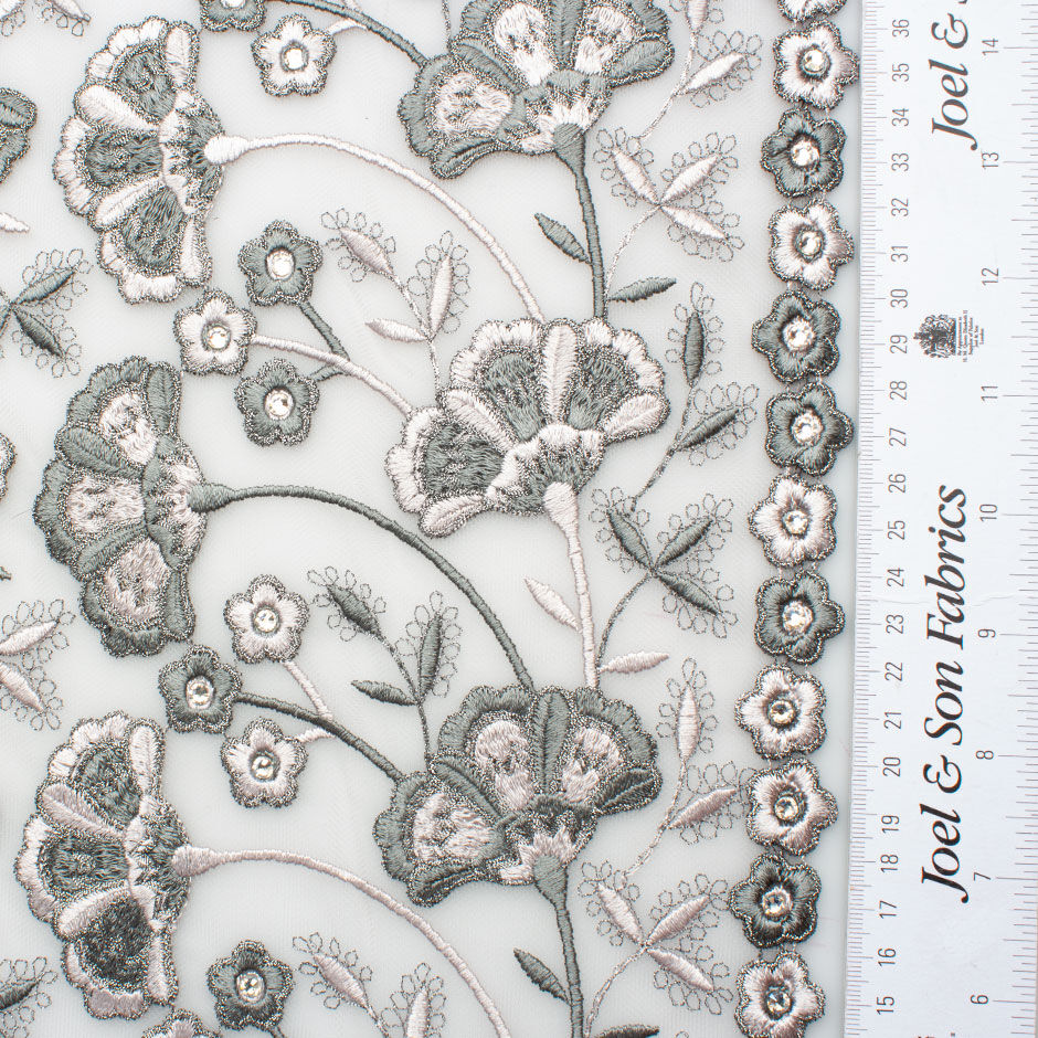 Grey & Pale Pink Floral Embroidered Tulle