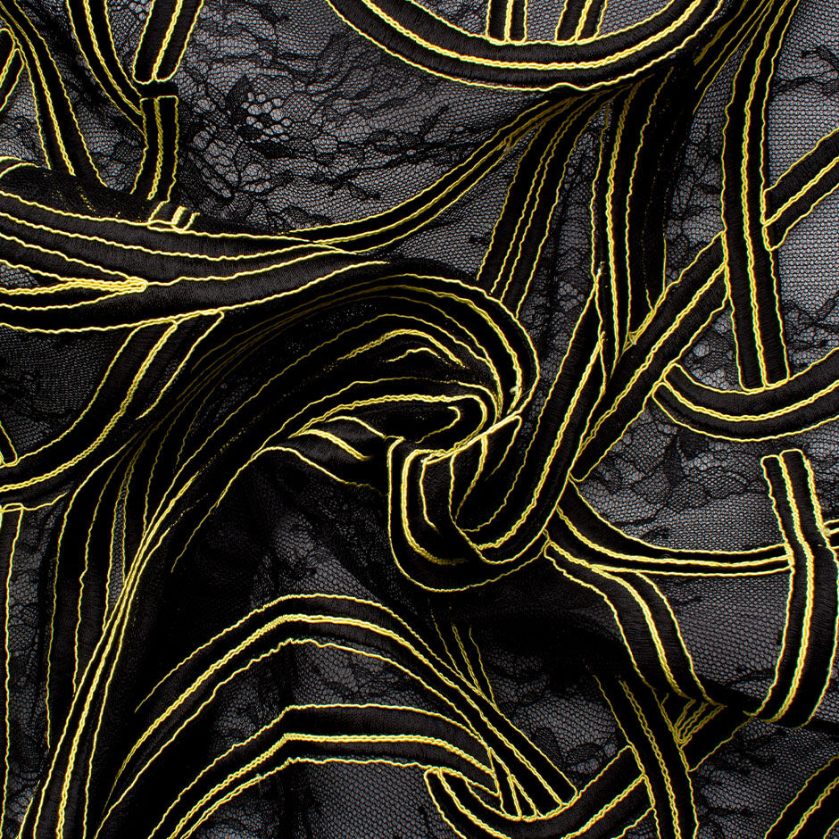 Yellow Embroidered Black Chantilly Lace