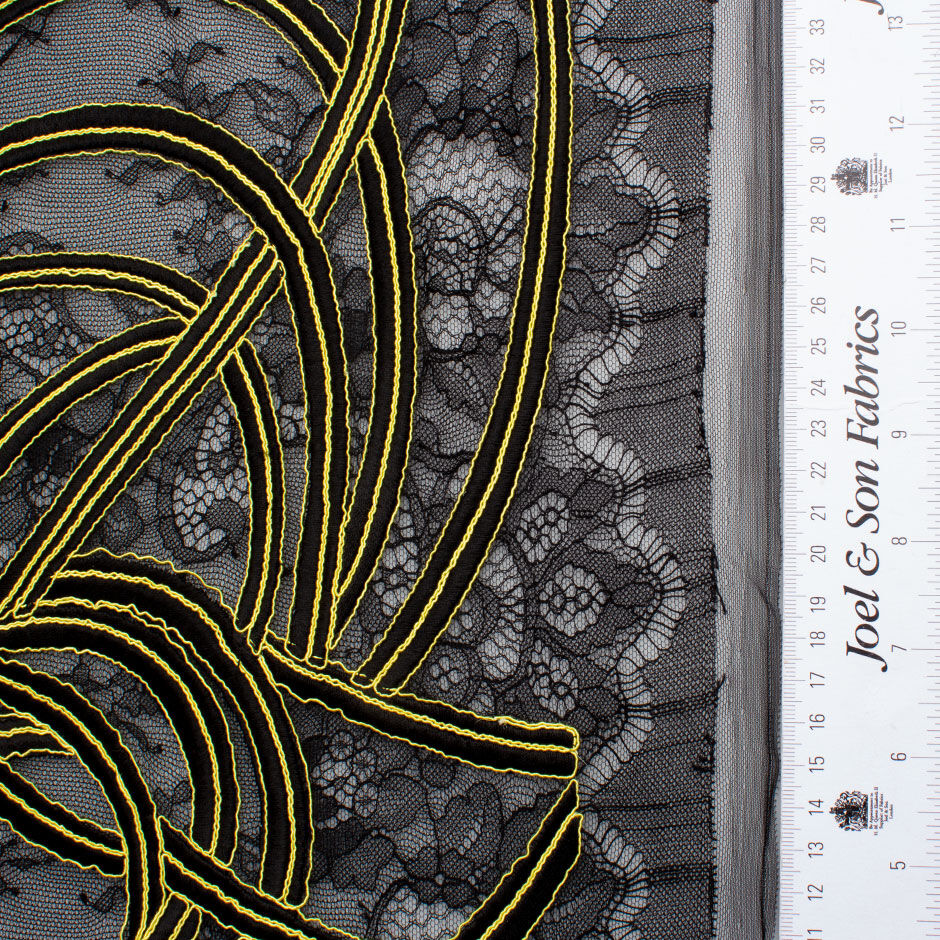 Yellow Embroidered Black Chantilly Lace