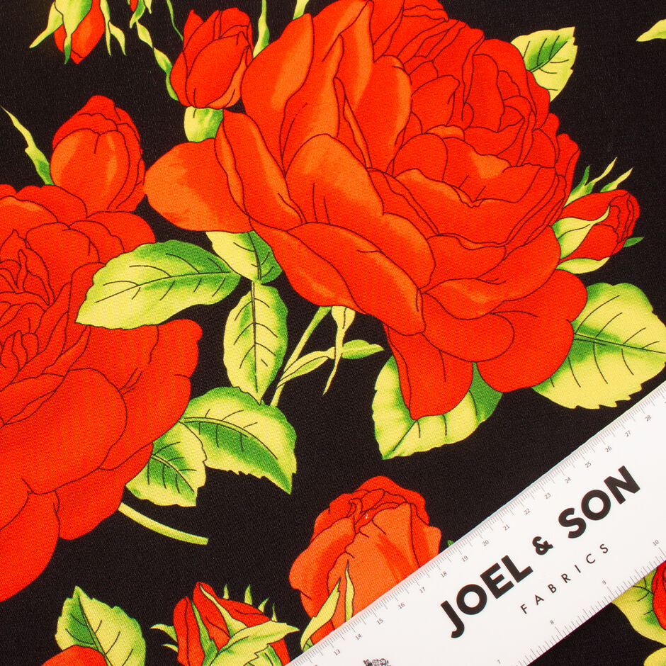 Bold Red Floral Printed Black Silk Crêpe