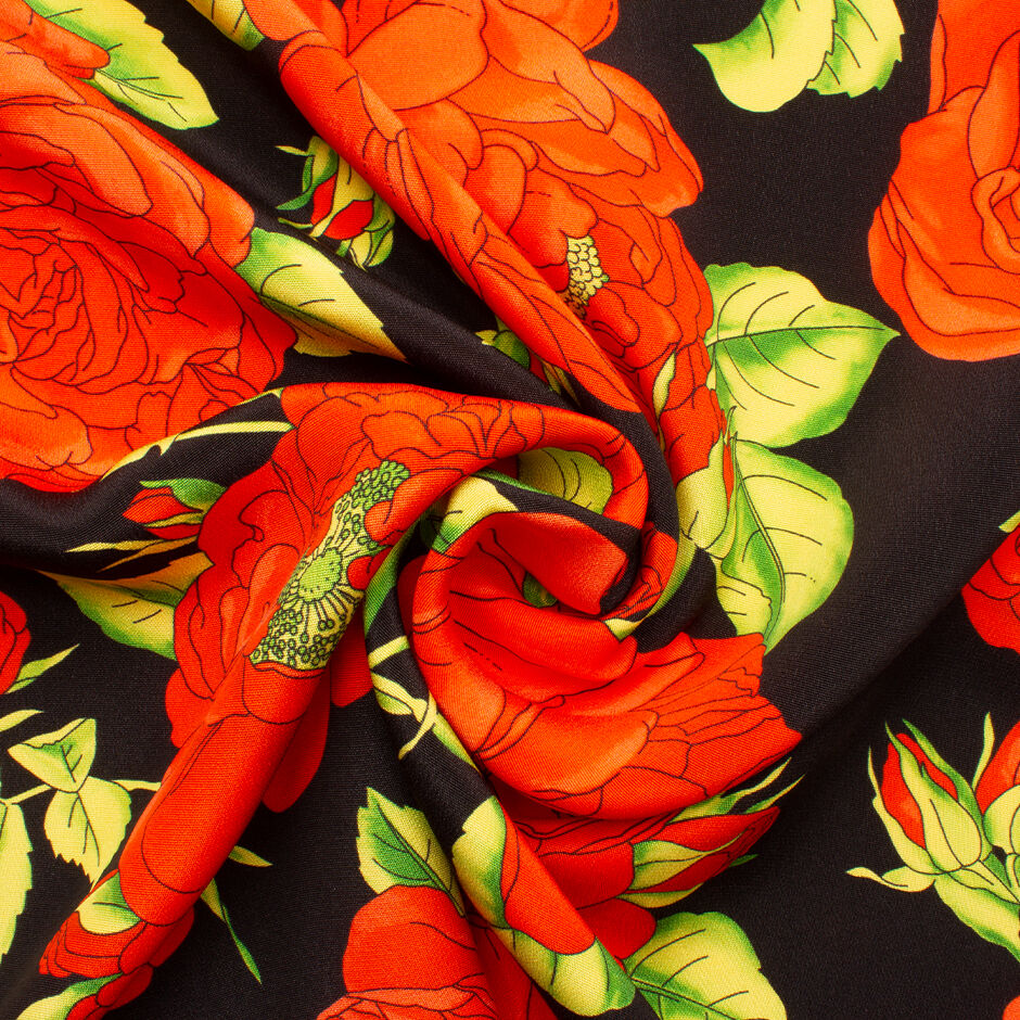 Bold Red Floral Printed Black Silk Crêpe