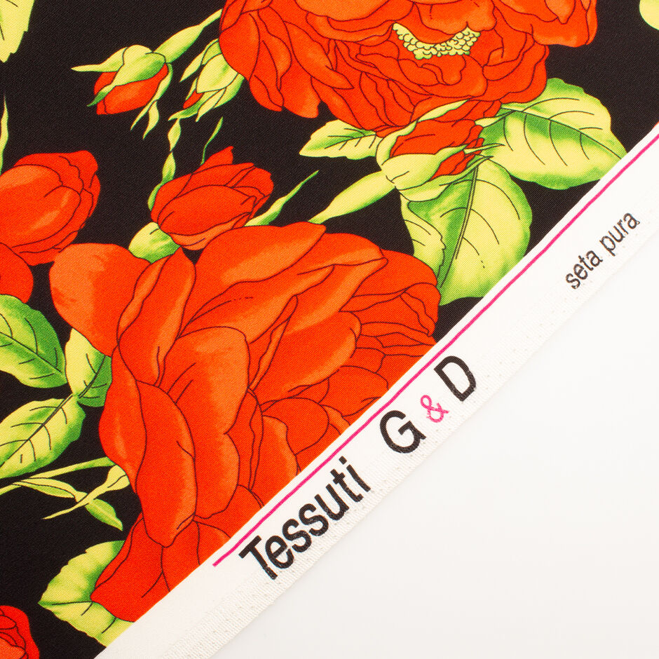 Bold Red Floral Printed Black Silk Crêpe