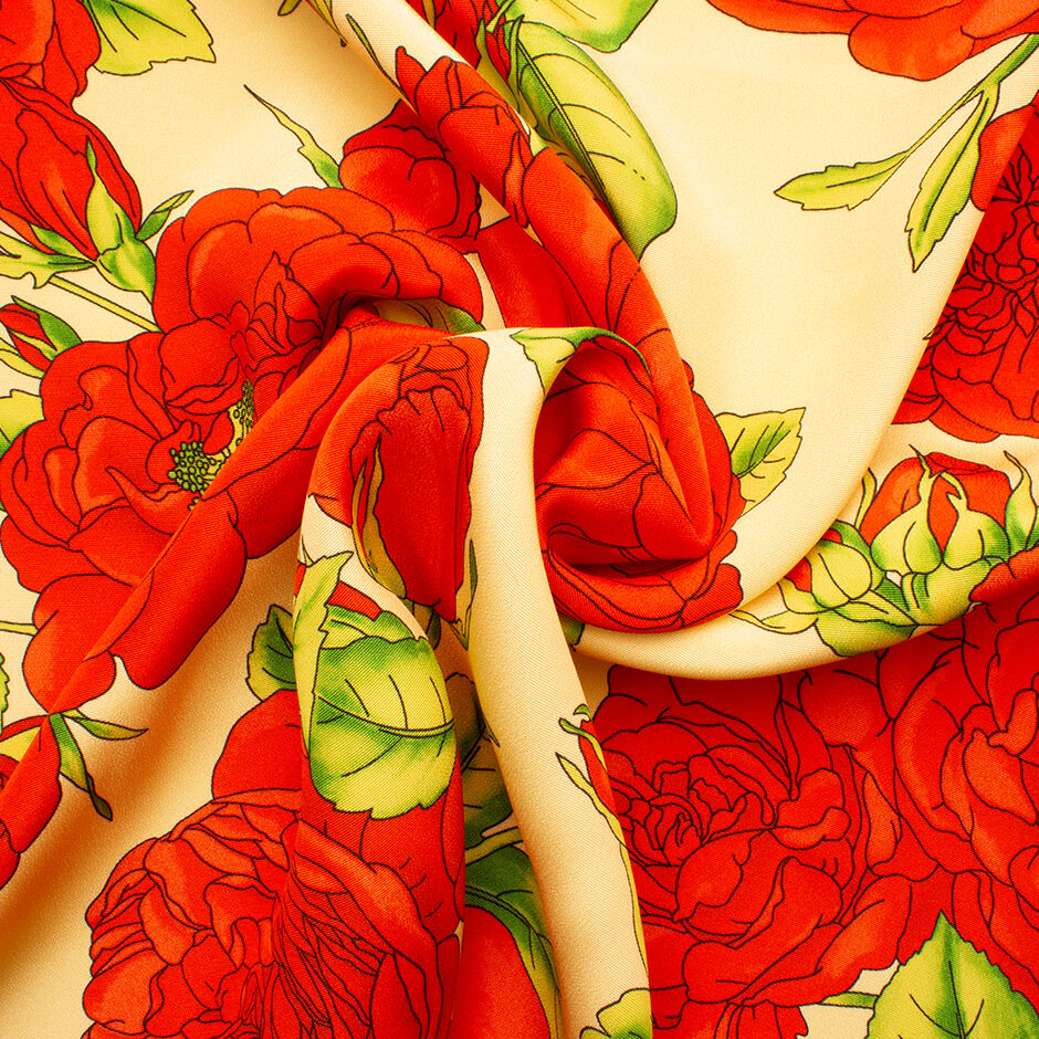 Bold Red Floral Printed Silk Crêpe