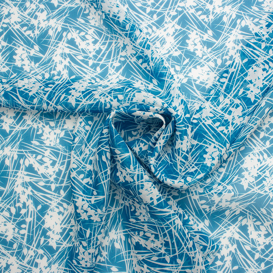 White Floral Printed Teal Silk Georgette (A 2m Piece)