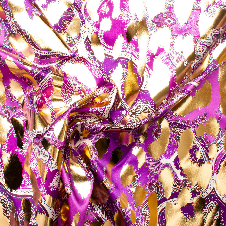 Violet Paisley Printed Laminated Silk