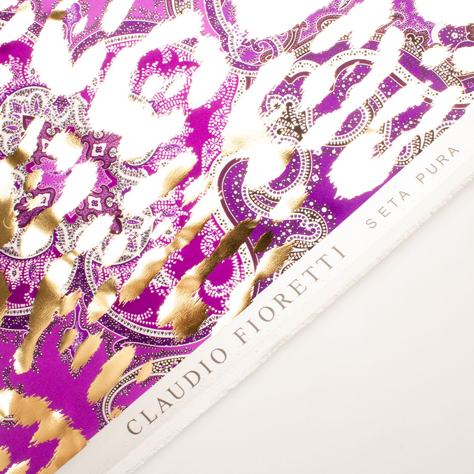 Violet Paisley Printed Laminated Silk