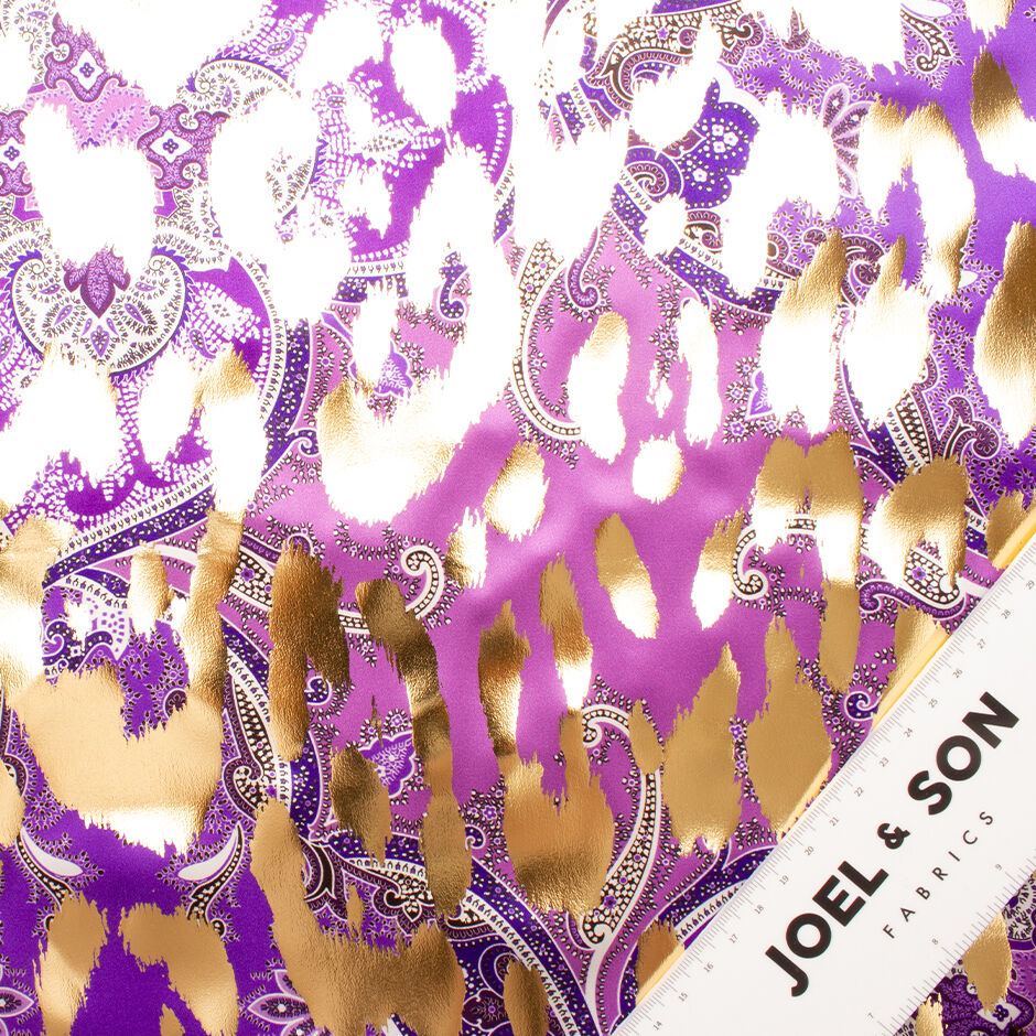 Purple Paisley Printed Laminated Silk
