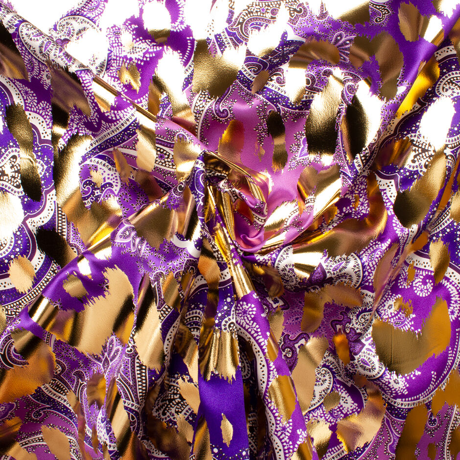 Purple Paisley Printed Laminated Silk