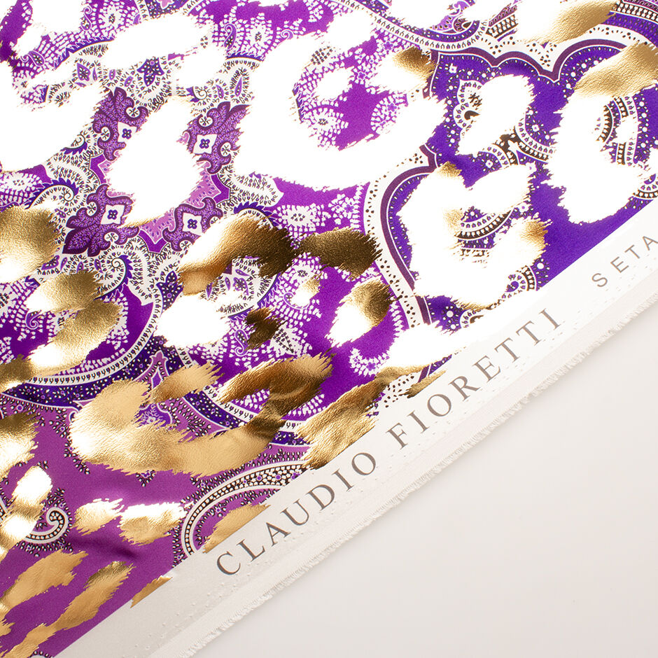 Purple Paisley Printed Laminated Silk