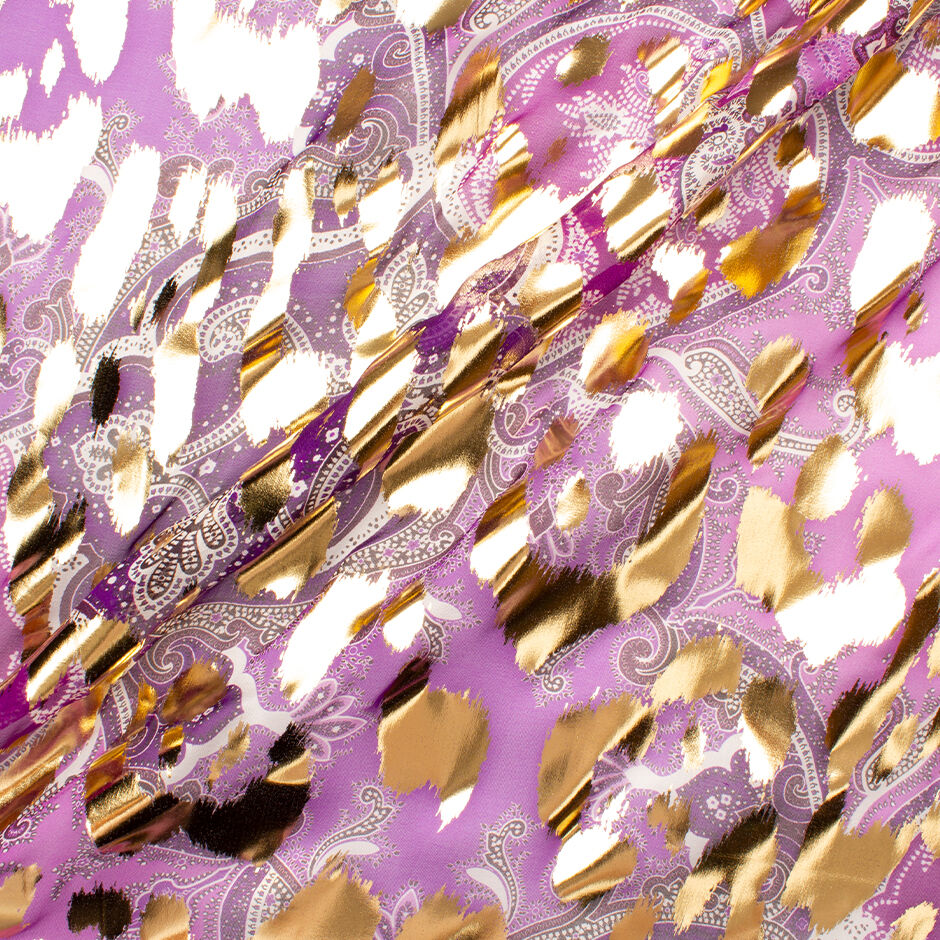 Shaded Violet Paisley Printed Laminated Silk