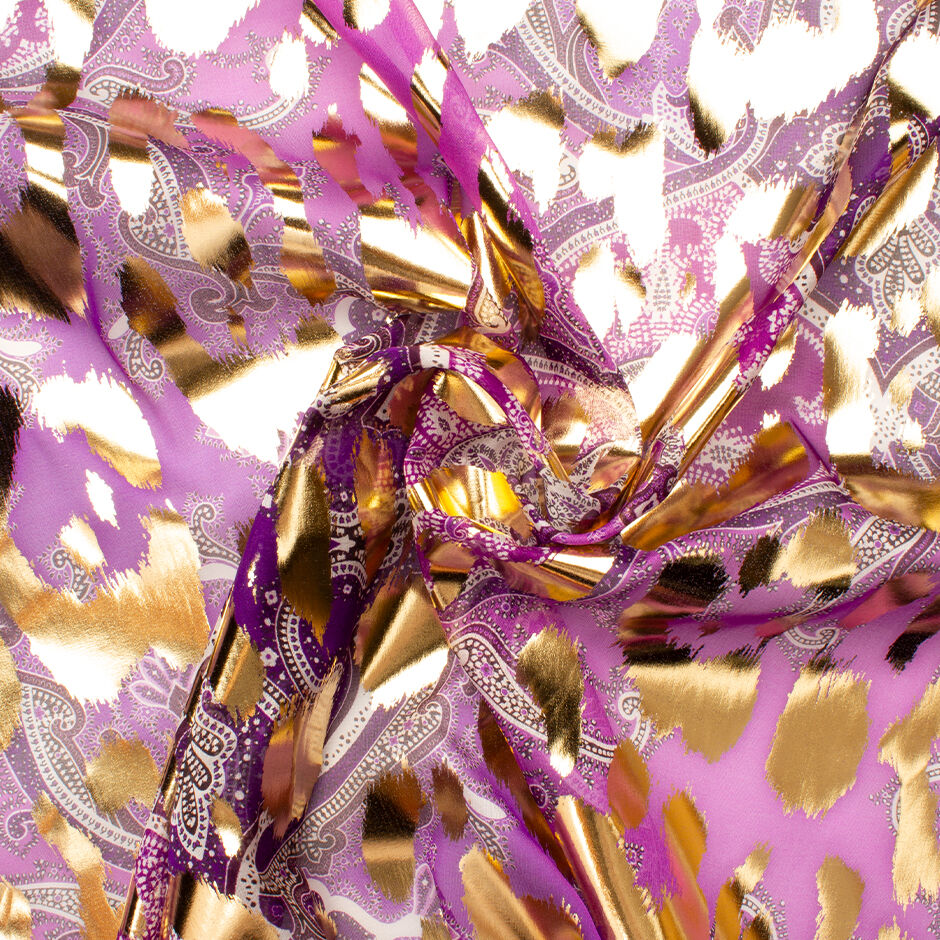 Shaded Violet Paisley Printed Laminated Silk