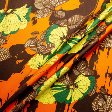 Orange & Brown Floral Printed Silk  Twill