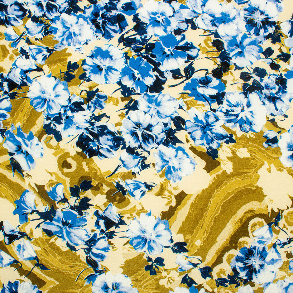 Khaki Green & Blue Floral Silk Crêpe de Chine