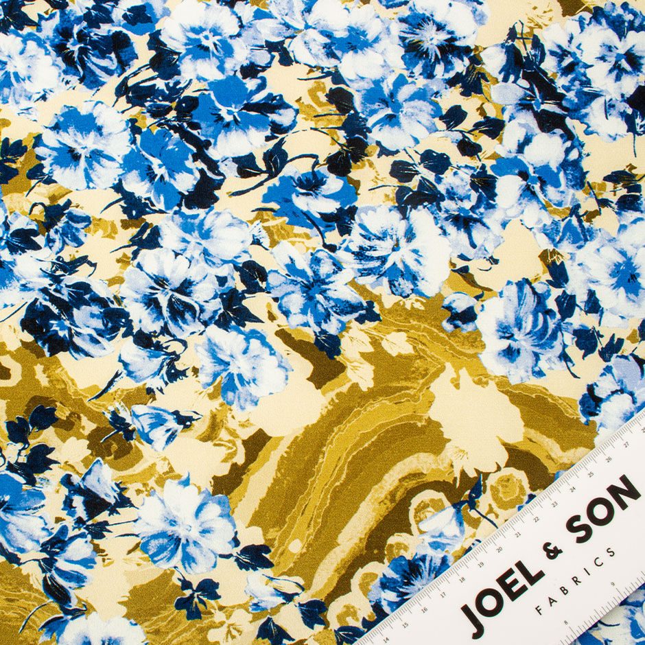 Khaki Green & Blue Floral Silk Crêpe de Chine