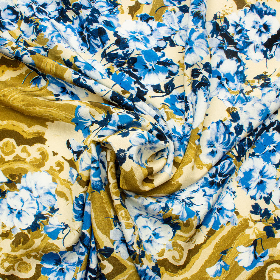 Khaki Green & Blue Floral Silk Crêpe de Chine